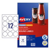 AVERY 980001 L7105 BLANK PRINTABLE LABELS ROUND 60MM DIAMETER LASERINKJET 12UP GLOSSY WHITE PACK 10