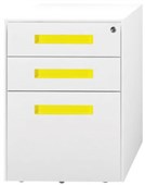 METALICON SPECTRUM MOBILE 2 DRAWER 1 FILE WITH PENCIL TRAY LOCKABLE POWDERCOAT W410 X D500 X H575MM WHITE WITH YELLOW HANDLES