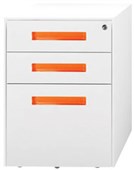 METALICON SPECTRUM MOBILE 2 DRAWER 1 FILE WITH PENCIL TRAY LOCKABLE POWDERCOAT W410 X D500 X H575MM WHITE WITH ORANGE HANDLES