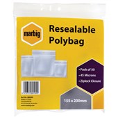 MARBIG PLASTIC BAG RESEALABLE 45MU W155 X L230MM CLEAR PACK 50