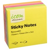 ICON STICKY NOTES 75MM X 75MM NEON 5 PACK